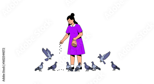 An Illustration of a Person Feeding Pigeons in a Public Space Creating a Sense of Connection and Community Between Humans and Wildlife in an Urban