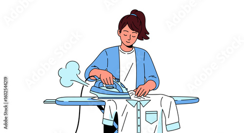 Illustration of a serene woman ironing clothes, depicting domestic bliss and routine household chores with soft colors and minimal details