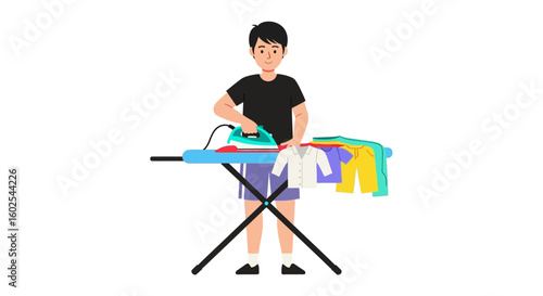 Man carefully ironing clothes, domestic chores and fabric care illustration for textile design or household needs cartoon concept of ironing service