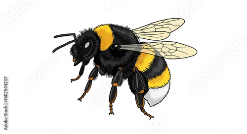 Detailed vector illustration of a bumblebee in flight with black and yellow stripes and transparent wings against a white background