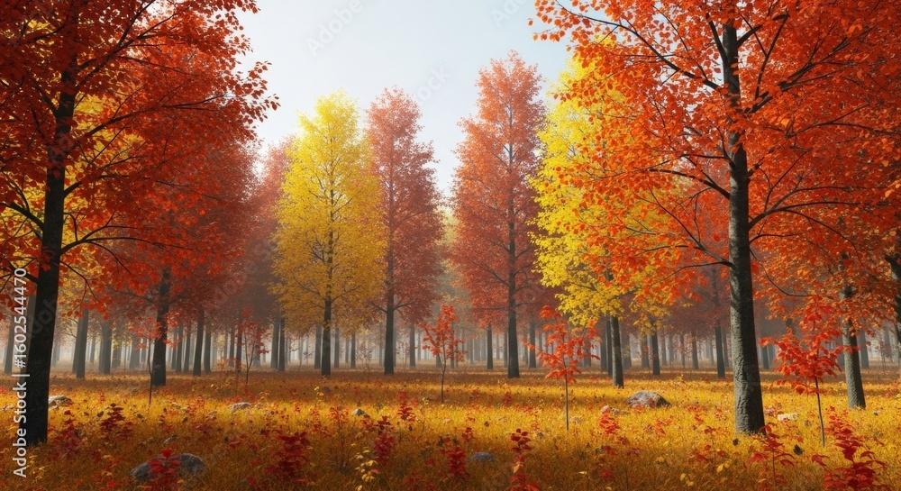 Fototapeta premium Autumnal Forest Scene: Vibrant Red and Golden Leaves in a Misty Woodland