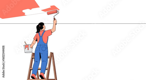 Woman painting a ceiling with roller brush, standing on ladder, renovation project interior, with coral paint and white background creating a