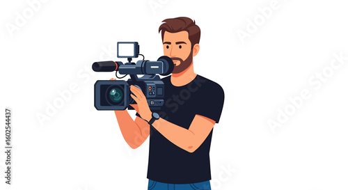 Professional videographer focusing a video camera, capturing a scene with attention to detail and creative visualization through lens and composition