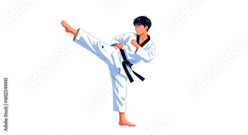 Focused taekwondo practitioner executing a precise and powerful side kick technique