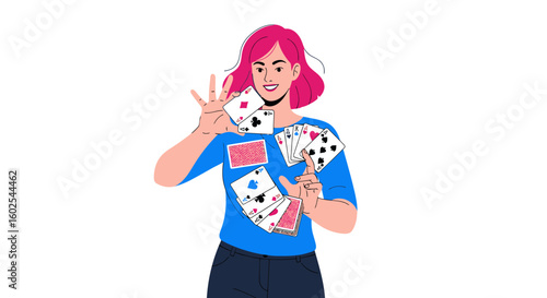 A confident woman holding and displaying playing cards in a dynamic vector illustration style that evokes amusement and skillful gaming attitude