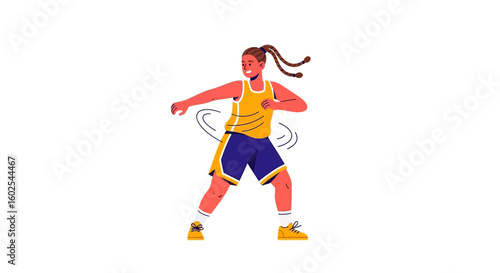 Dynamic illustration depicting a woman engaged in a hula hoop workout on a vibrant white backdrop for health and fitness visual concept
