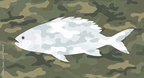 Camouflaged creature: A stylized fish with a camo pattern on a camo background, a whimsical exploration of marine life and pattern design