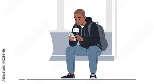 Contemplative commuter absorbed in digital world during transit station wait contemplating messages
