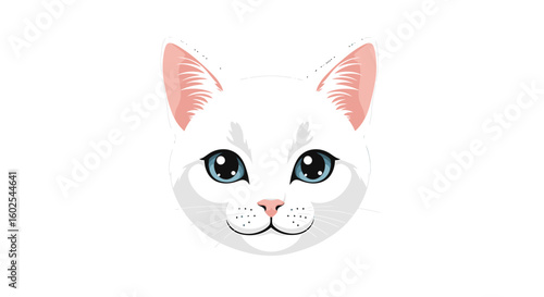 Digital depiction of an adorable white cat face with pink ears on clean white background ready for graphic design use, easily incorporating into