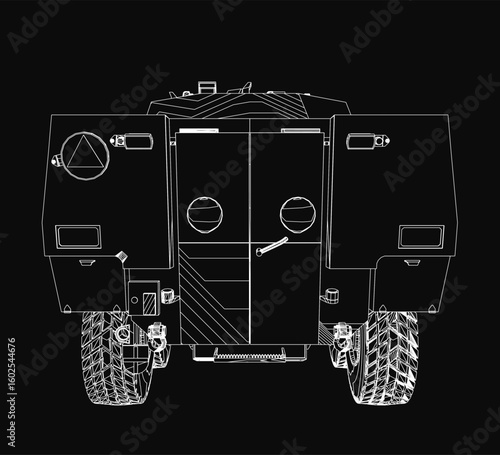 An armored troop carrier blueprint in black and white, featuring detailed contour lines and technical specifications. The design highlights reinforced plating and strategic angles for optimal.