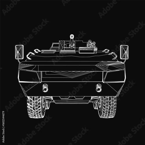 Armored troop carrier blueprint with detailed contour lines on a black background. The design features four large wheels, reinforced body, and prominent headlights.