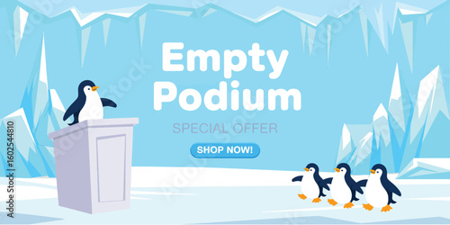 Winter Podium Ice Island Banner – EPS 10 Vector with Ice Mountain, Penguin, Pyramid Ice Formations – Cold Landscape Background for Design, Display, or Presentation

