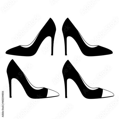 Four black and white high heel shoes arranged in a symmetrical pattern design