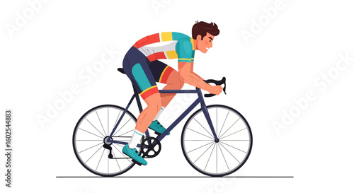 Dynamic cyclist in vibrant attire propels forward, embodying athleticism and speed on a sleek road bike during race day