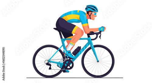 A dynamic cyclist with bright, vectorized features showcases speed and agility, presenting a vibrant visual of a competitive athlete in motion