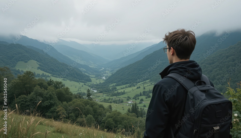 Naklejka premium Man with backpack gazing at a lush green mountain valley