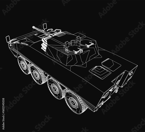 Armored troop carrier blueprint in 3D model showcases detailed contours and structural design. The vehicle features reinforced plating, tactical wheels, and a robust silhouette.