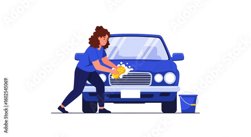 Diligent Woman Washing Her Car at Home with a Yellow Sponge and a Blue Bucket with Soap Cleaning Vehicle at Residence 153 characters