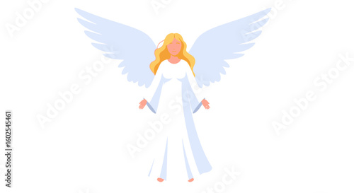 Stylized Angelic Being with Wings and Flowing White Robe on a Clean White Backdrop, Representing Purity and Grace
