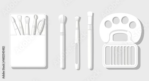 Monochrome Beauty Tools Array: A Minimalist Composition Showcasing Essential Makeup Brushes and Palette Set Against a Neutral Background