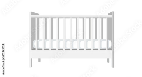 Minimalist vector illustration showcasing a modern white baby cot design against a plain background