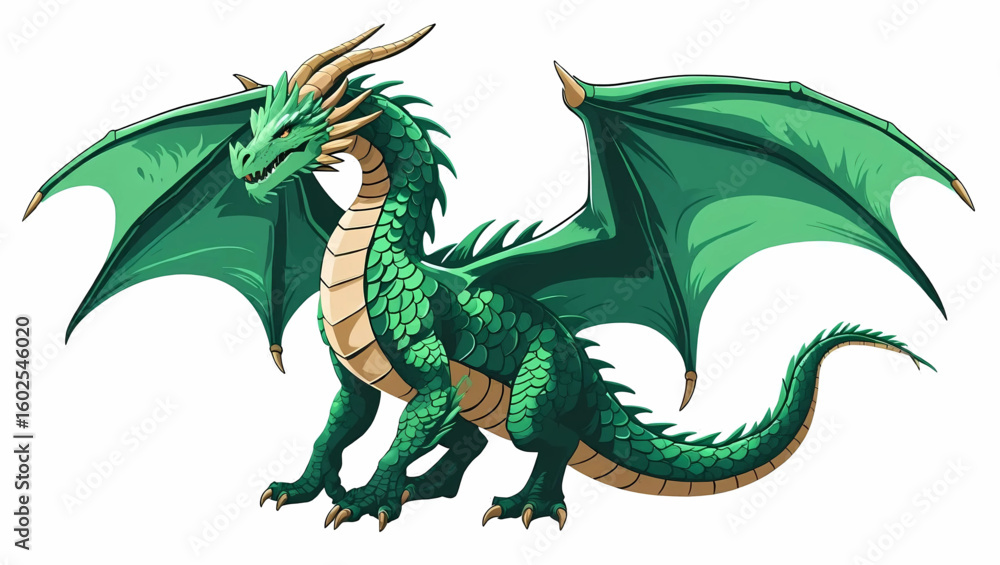 Obraz premium Majestic Emerald Dragon: A captivating illustration showcasing a vibrant green dragon, exuding strength and mythical allure. With its powerful wings and imposing presence. Generative AI