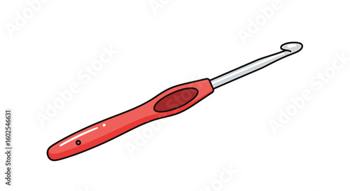 Illustration of a red crochet hook with ergonomic handle and silver tip against a white background highlighting crafting tool features