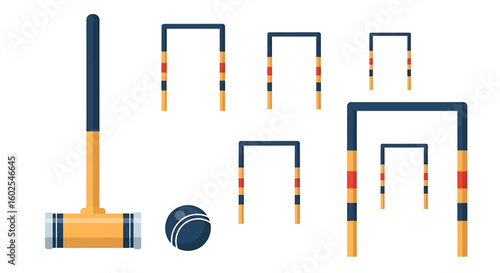 Whimsical depiction of croquet set with mallet, ball and hoops against a plain backdrop