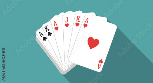 Winning Hand: Royal Flush in Hearts Depicted on a Crisp Turquoise Background with Modern Shadow Style