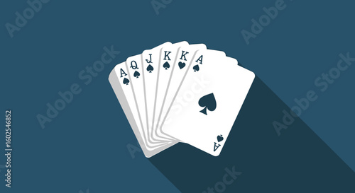 A poker hand of ace, queen, jack, king and ace, symbolising luck or strategy with depth field and creative simplicity