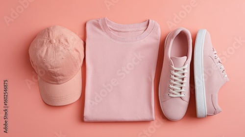 Pink t shirt sneakers and cap apparel fashion trendy outfit flat lay style