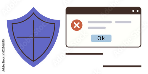 Large shield symbol beside popup window with warning message and close button. Ideal for cybersecurity, data protection, risk management, antivirus, online security, software error, system alert