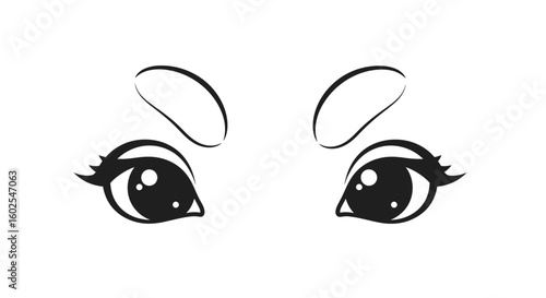 Stylized Anime-Inspired Eye Pair in Black and White Minimalist Design Isolated on White Backdrop