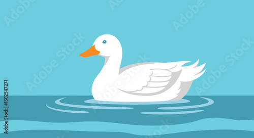 Elegant white duck gliding serenely on calming blue water with gentle ripples in a minimalist artistic depiction
