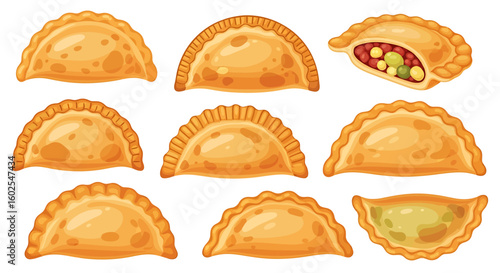 Golden Array: An Assortment of Empanadas Showcasing Variety and Culinary Craftsmanship in Delectable Detail
