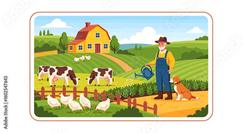 Idyllic country life illustration displaying a farmer tending to his land and animals on a peaceful and serene day at the farm
