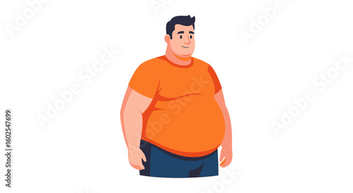 Character Illustration of an Overweight Man in a Orange T-shirt Against a White Background