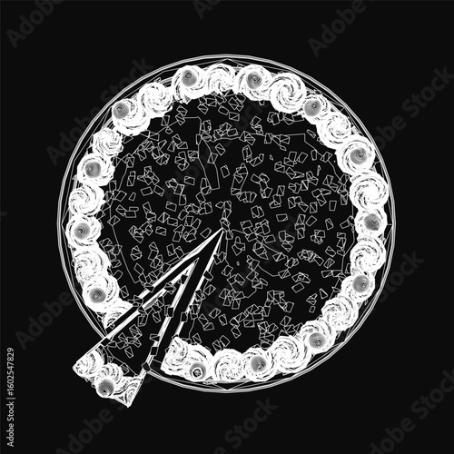 A black and white contour drawing of a pie features a striking lightning bolt at its center, encircled by delicate flowers. The dark background sharply contrasts the bright elements.