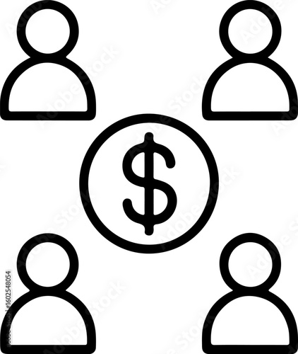 Four people icons surrounding a dollar coin symbolizing financial collaboration or investment