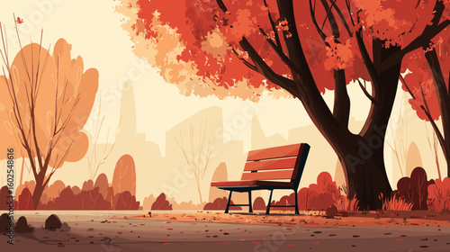 Autumn park scene with red trees and empty bench under soft light  