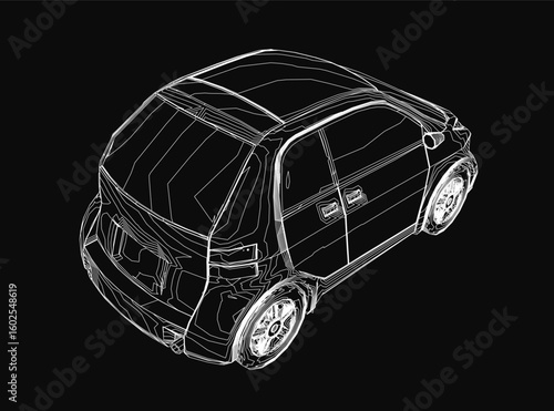 A small car 3D model displays sleek contours and modern design on a black background. The detailed rendering highlights smooth curves and precise edges.