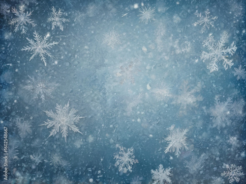 Delicate ice crystals falling on frozen surface snowflakes winter