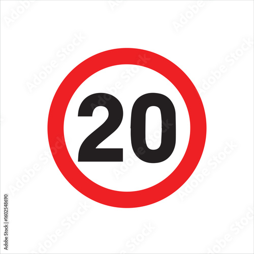 Circular red speed limit sign indicating twenty