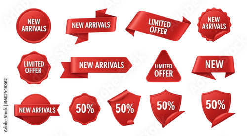 Collection of red promotional badges and ribbons with sale and new arrival messages displayed on them