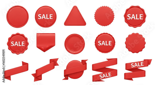 Collection of fifteen red promotional elements including labels ribbons and badges for sales events