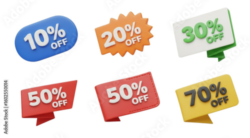 A collection of colorful discount tags showcasing percentages off for promotional sales offers and deals