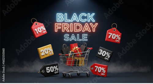 A black friday sale promotion with shopping cart gifts and discount tags floating around the cart sale event
