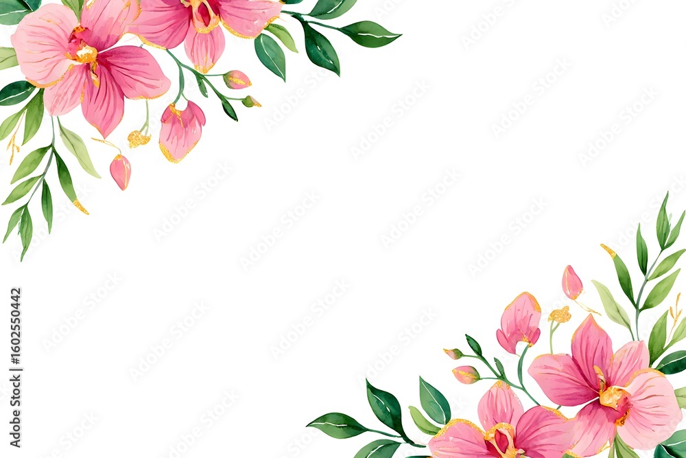 Fototapeta premium Pink Orchid Floral Corner Border with Gold Accents