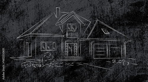 Linear architectural sketch detached house on dark grunge background vector illustration
