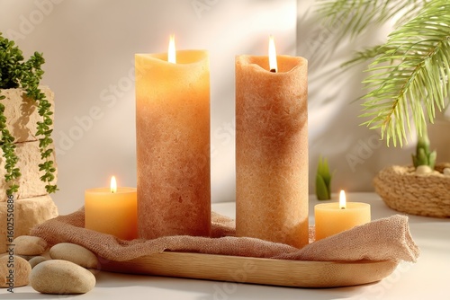 Serene Spa Setting with Healing Candles and Natural Elements